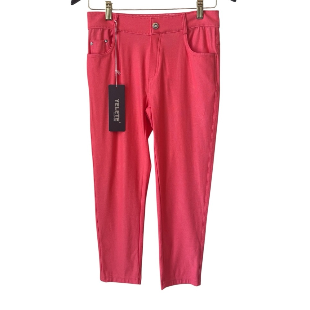 NEW Yelete Leg Wear Coral Pink Jeggings Sz M Pull On Stretch Rhinestones Barbie - Picture 7 of 7